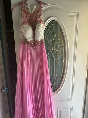Cinderella Pink and White Beaded A-Line Prom Dress